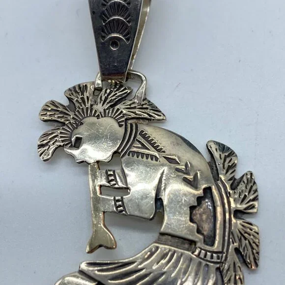 Vtg Sterling Silver Gold Signed Mike Smith Navajo Pendant Native American Indian - Picture 10 of 11